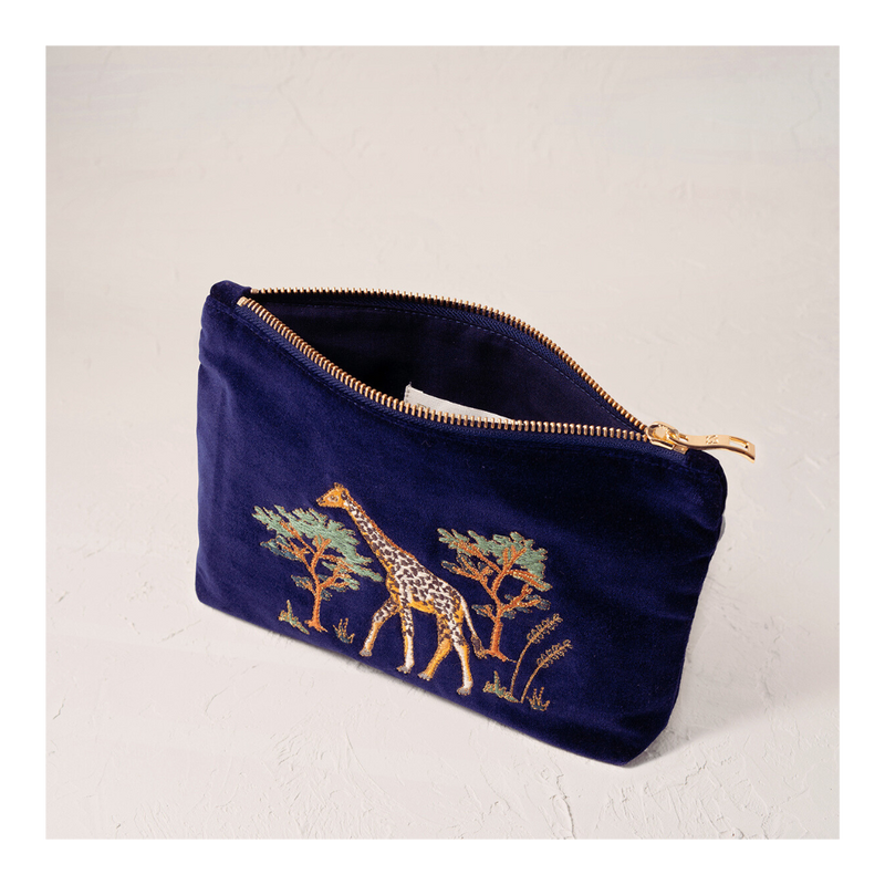 Mini Velvet Pouch 'Giraffe' (Navy)